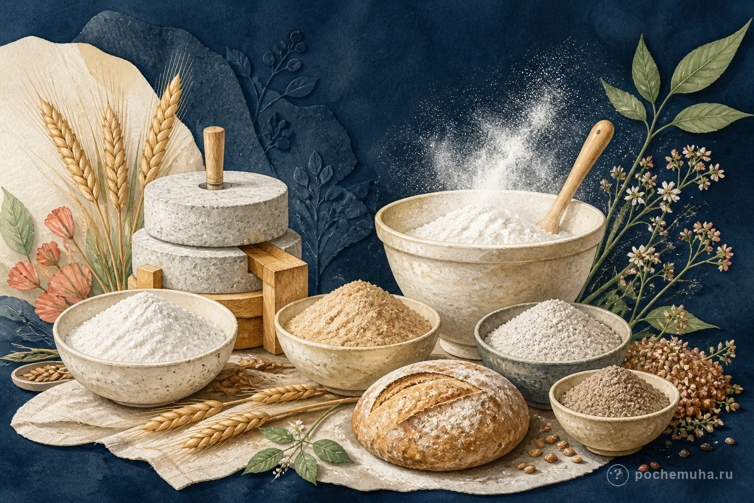 Жернова, миски с разными видами муки, колосья и хлеб