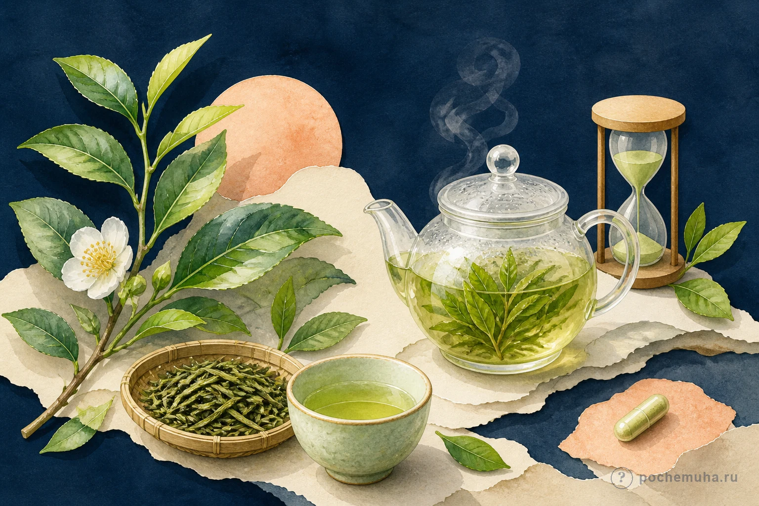 Листья зелёного чая, прозрачный чайник, чашка и отдельная капсула