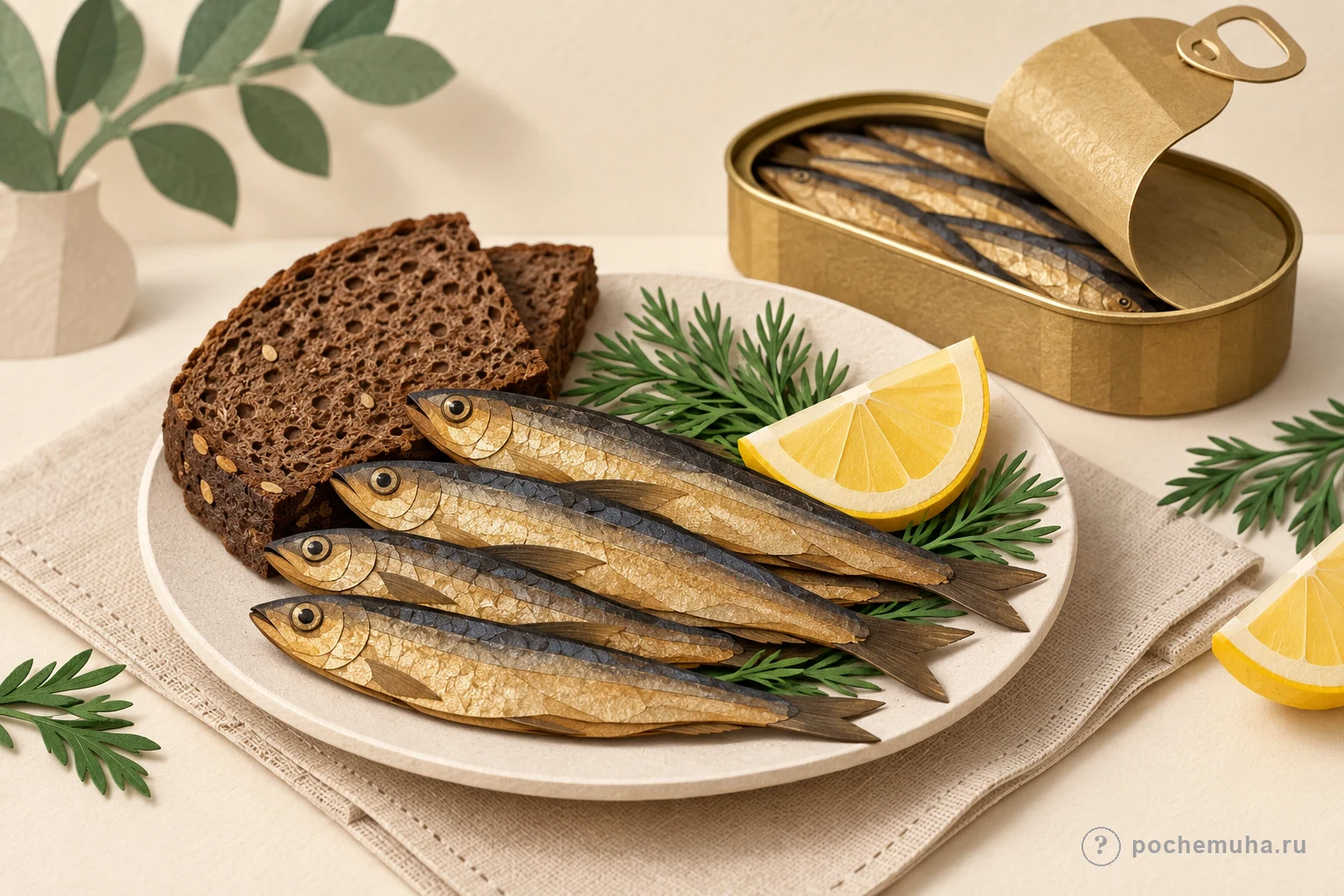 Шпроты с ржаным хлебом и лимоном рядом с открытой жестяной банкой