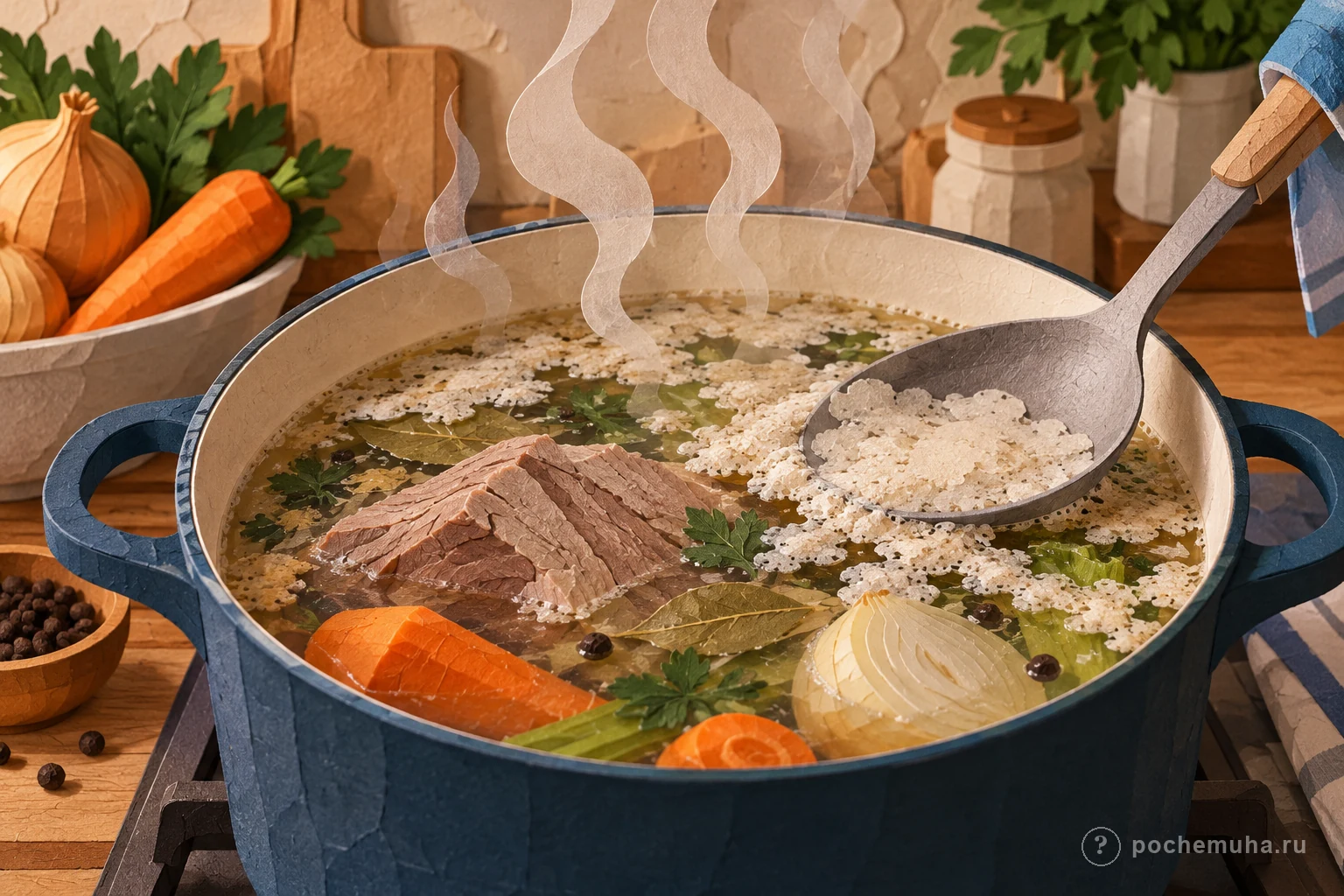 Кастрюля с бульоном, на поверхности которого образуется светлая белковая пена