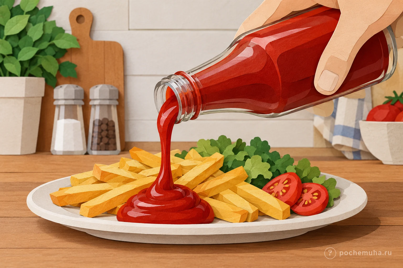 Бутылка кетчупа, из горлышка которой выходит густая струя