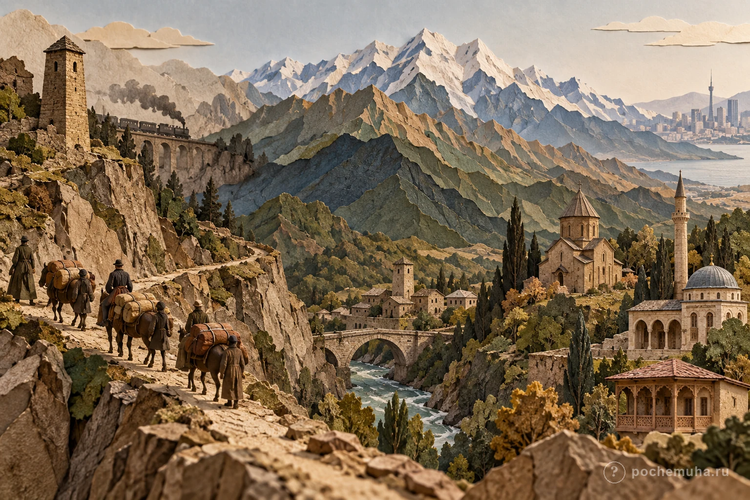 Бумажная диорама Кавказа с горным хребтом, башней и историческим караванным путем