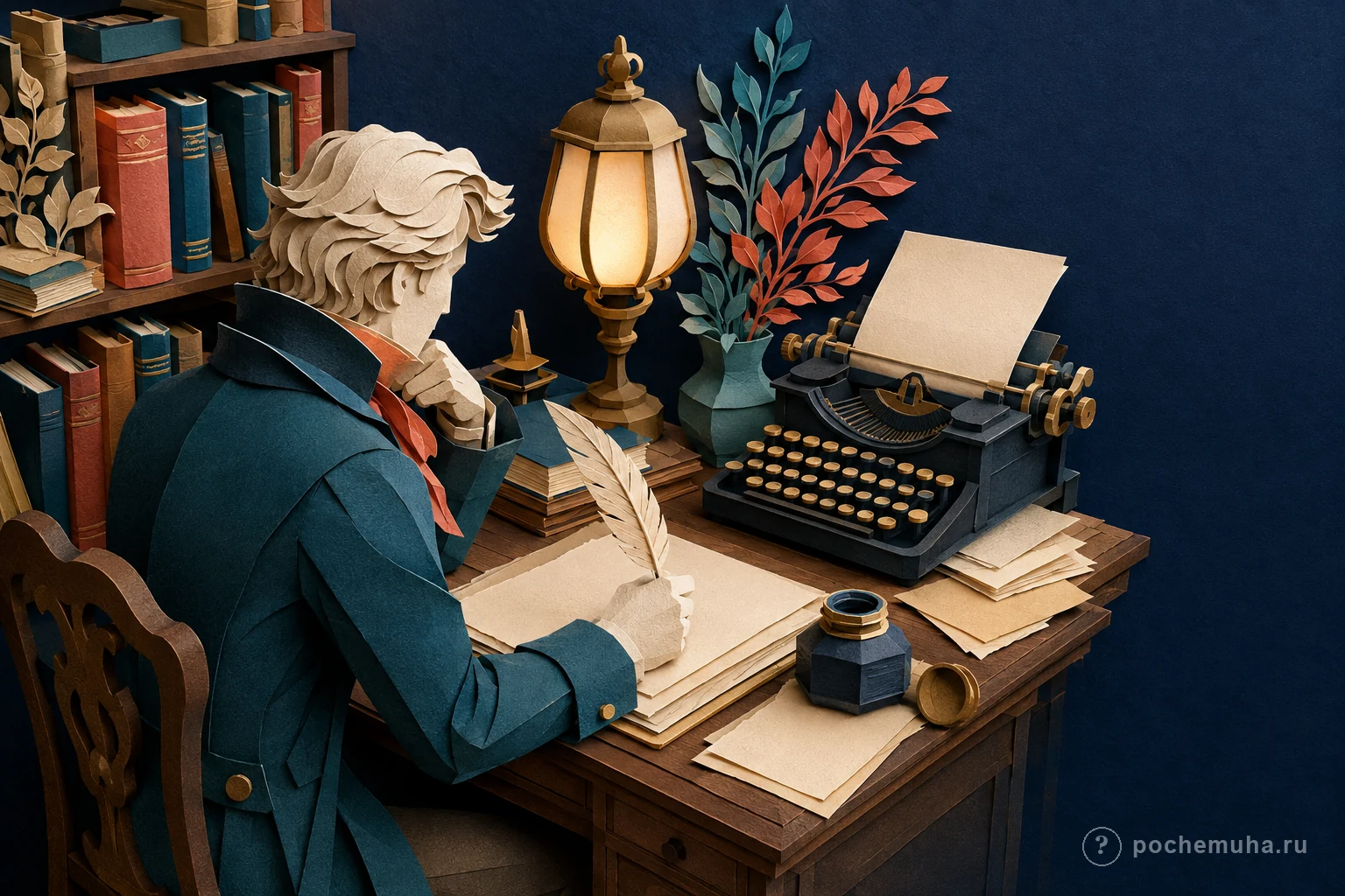Писатель за столом среди рукописей и книг в бумажной диораме