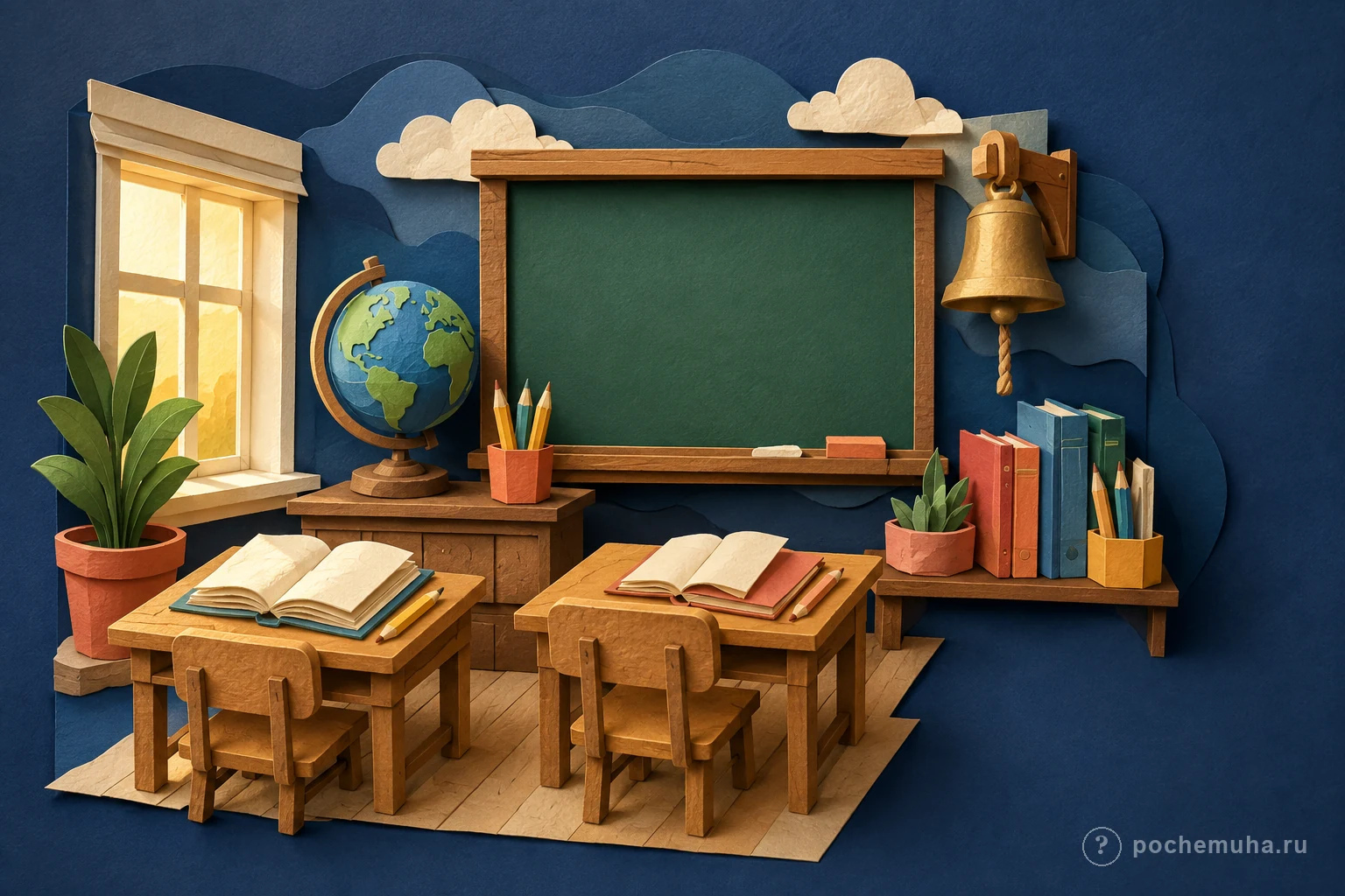 Школьный класс с партами, книгами и глобусом в бумажной диораме