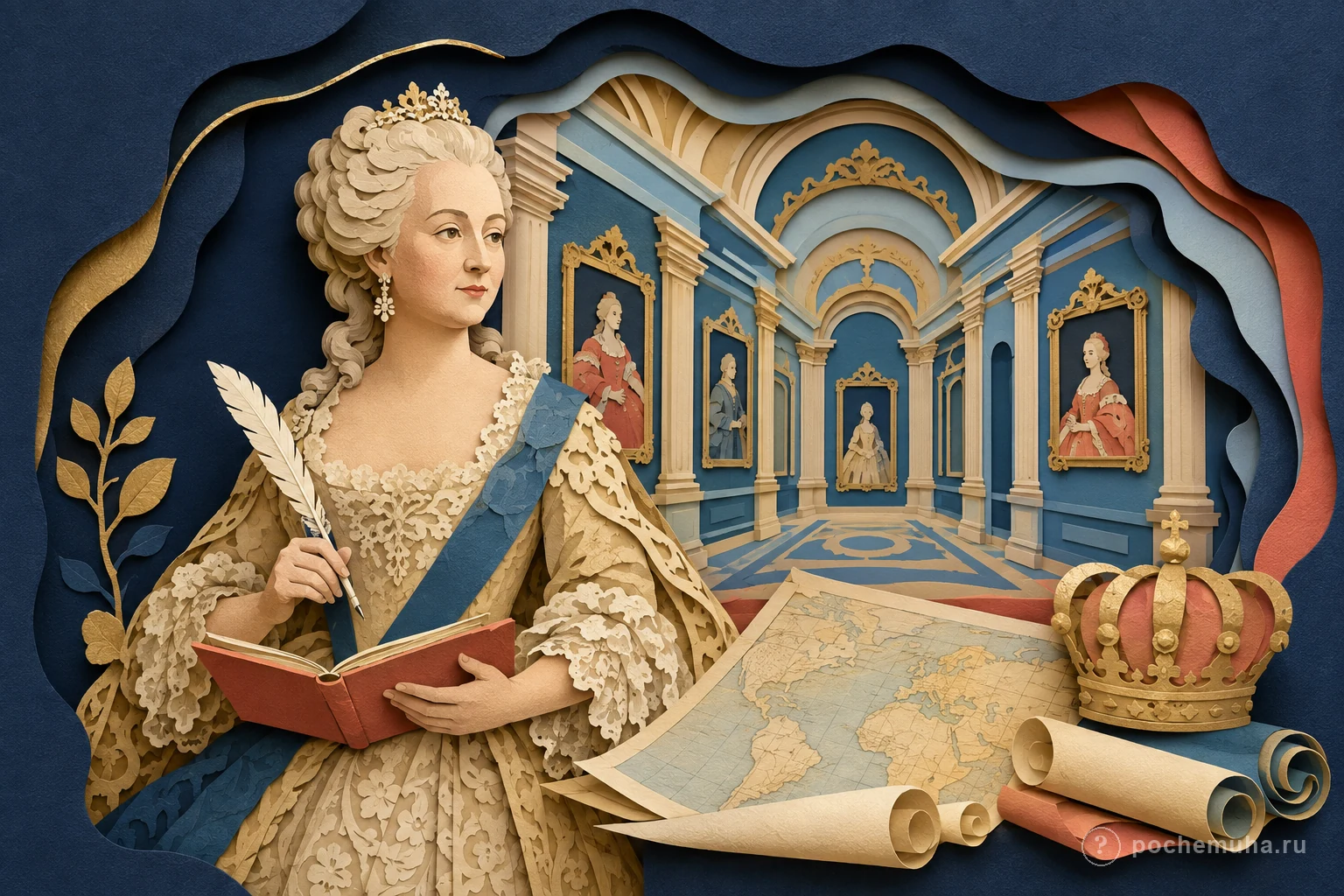 Екатерина II с книгой среди дворцовых залов, картин и карт России в бумажной диораме