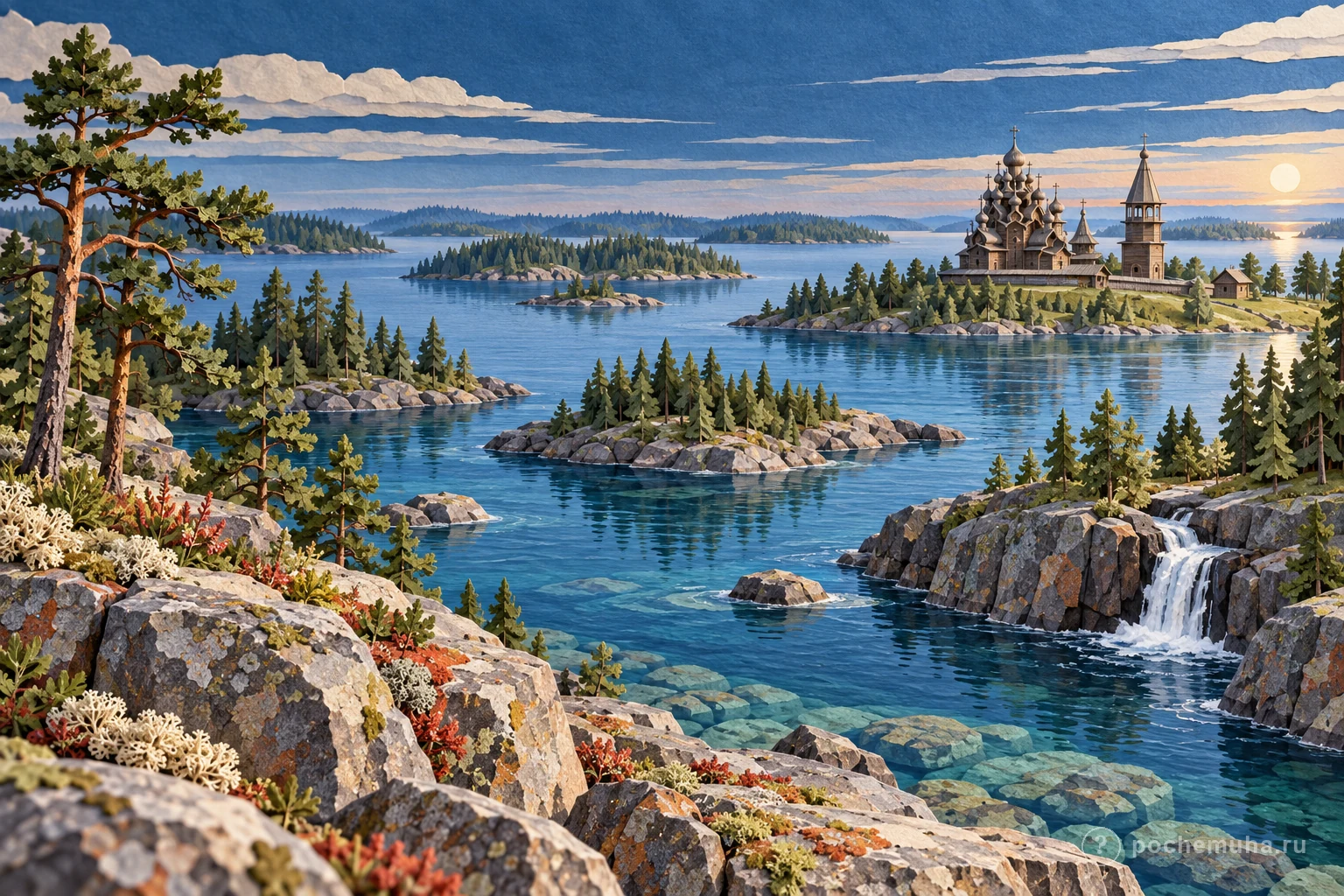 Скалистые острова, хвойный лес, озеро и ансамбль Кижи в бумажной диораме