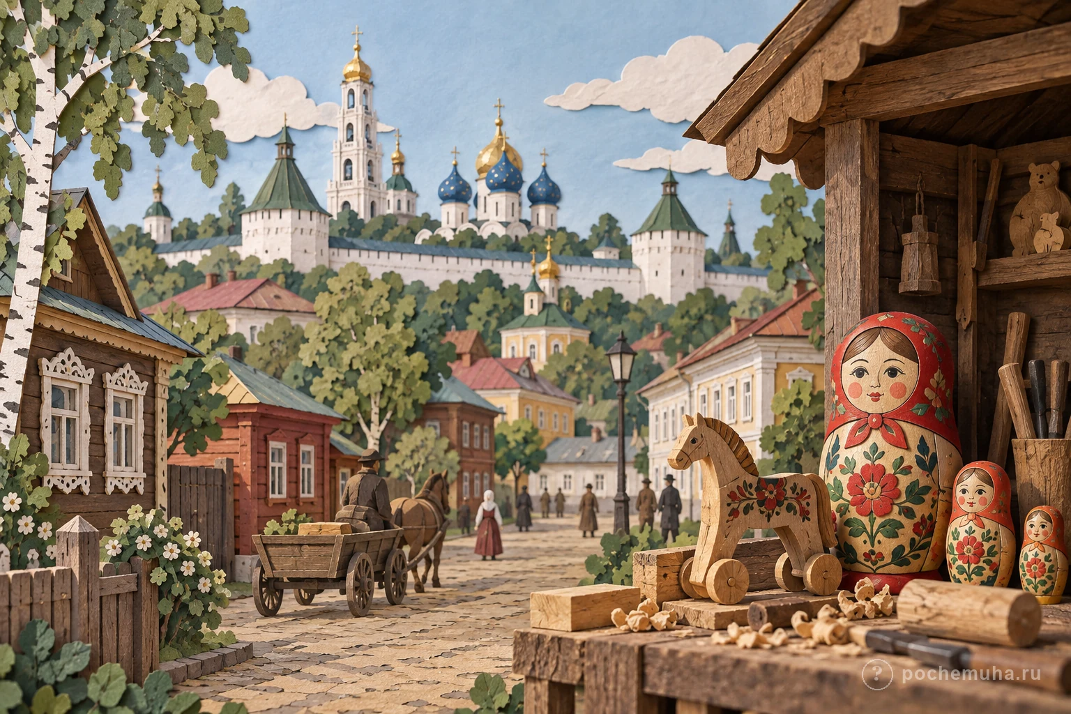 Бумажная диорама Сергиева Посада с монастырскими башнями, игрушками и старой улицей