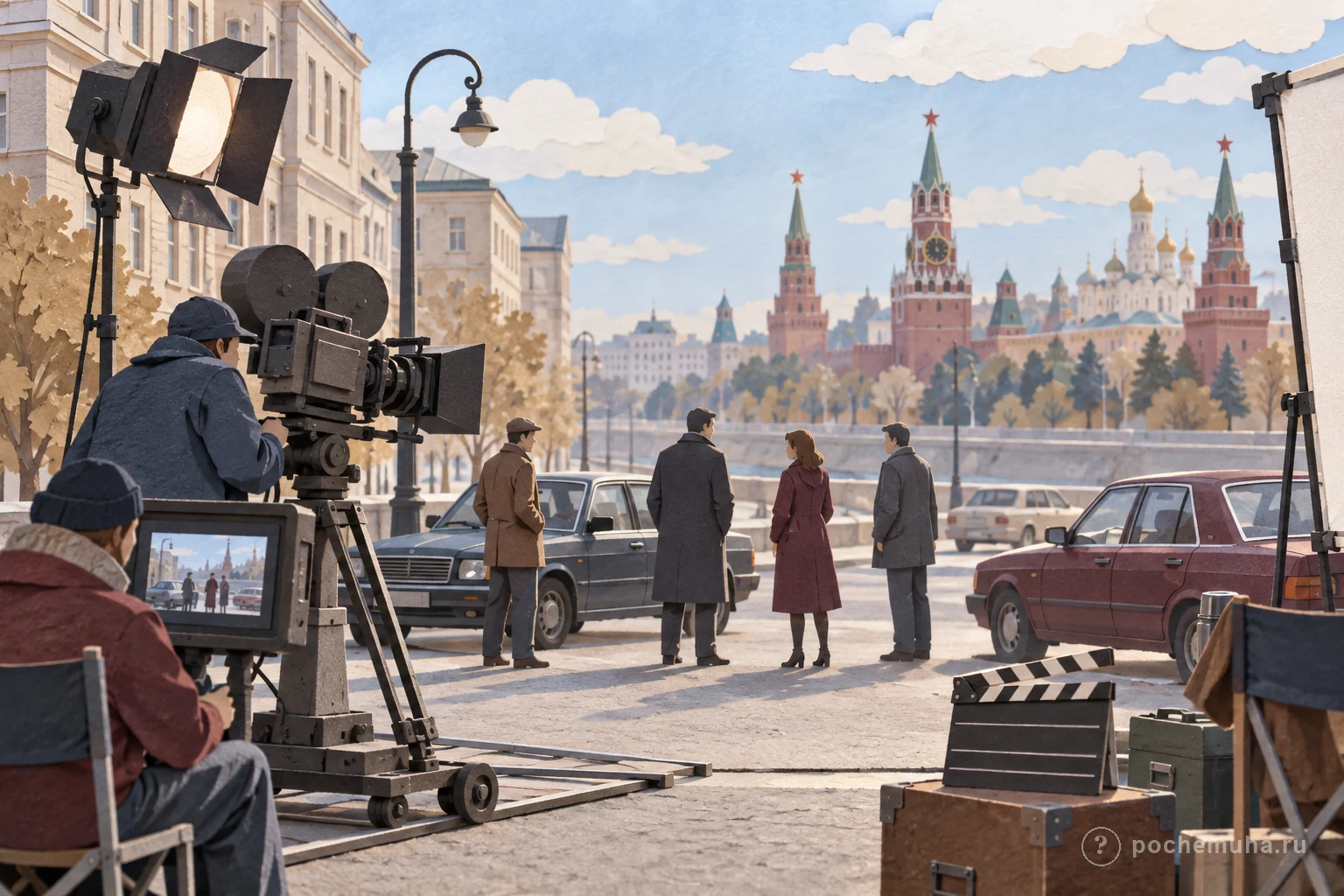 Кинематографическая бумажная диорама с камерой, хлопушкой и силуэтами четырёх героев