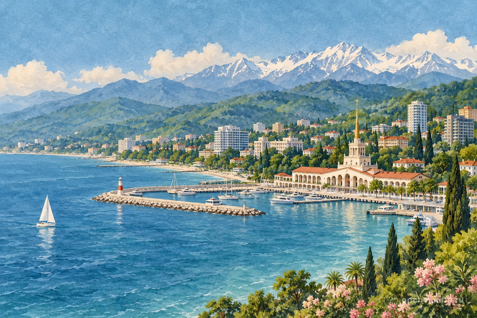 Панорама Сочи с Чёрным морем, зелёным склоном и горами вдали