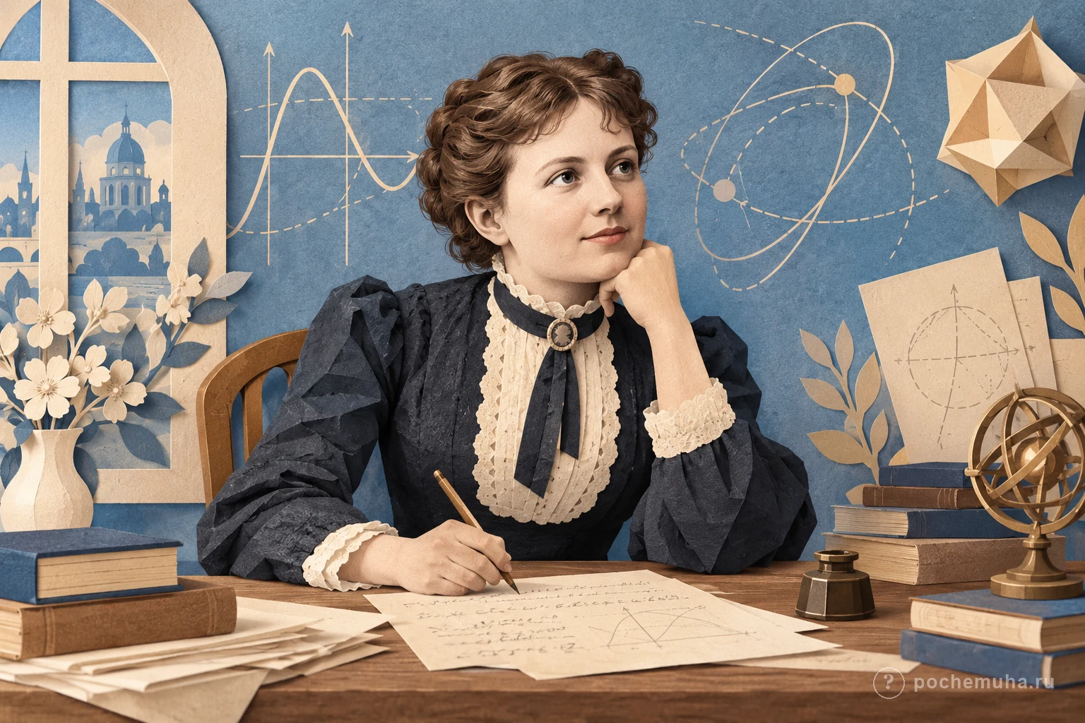 Книжная иллюстрация Софьи Ковалевской за письменным столом с математическими заметками