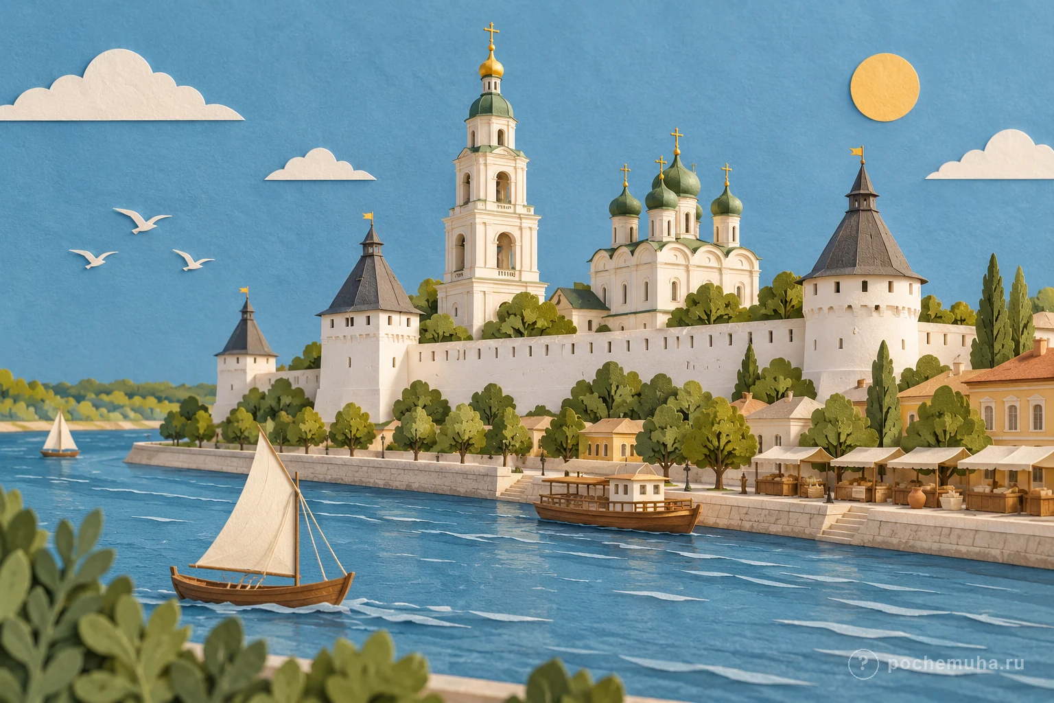 Астраханский кремль и река на фоне южного городского пейзажа