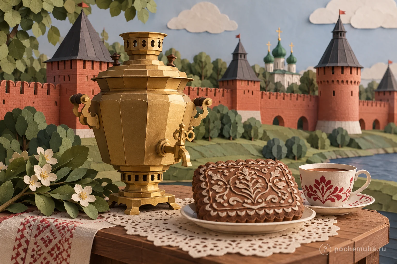 Тульский кремль, самовар и печатный пряник в историческом городском пейзаже