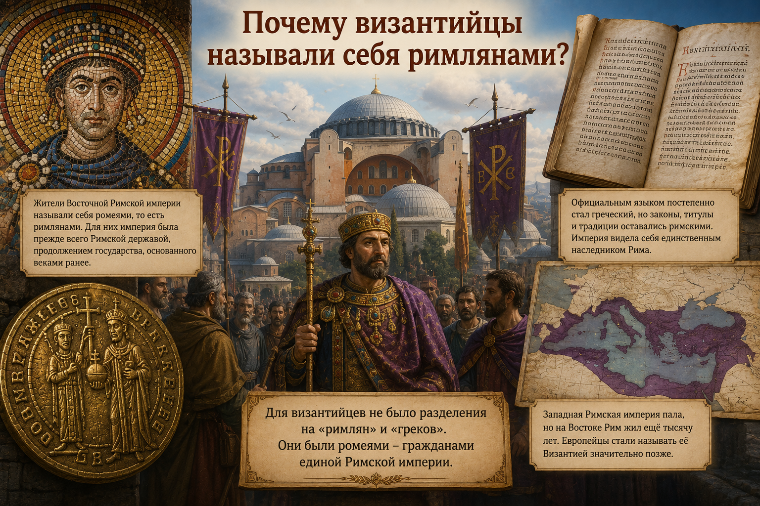 Жители средневекового Константинополя на фоне императорского дворца и римских государственных символов