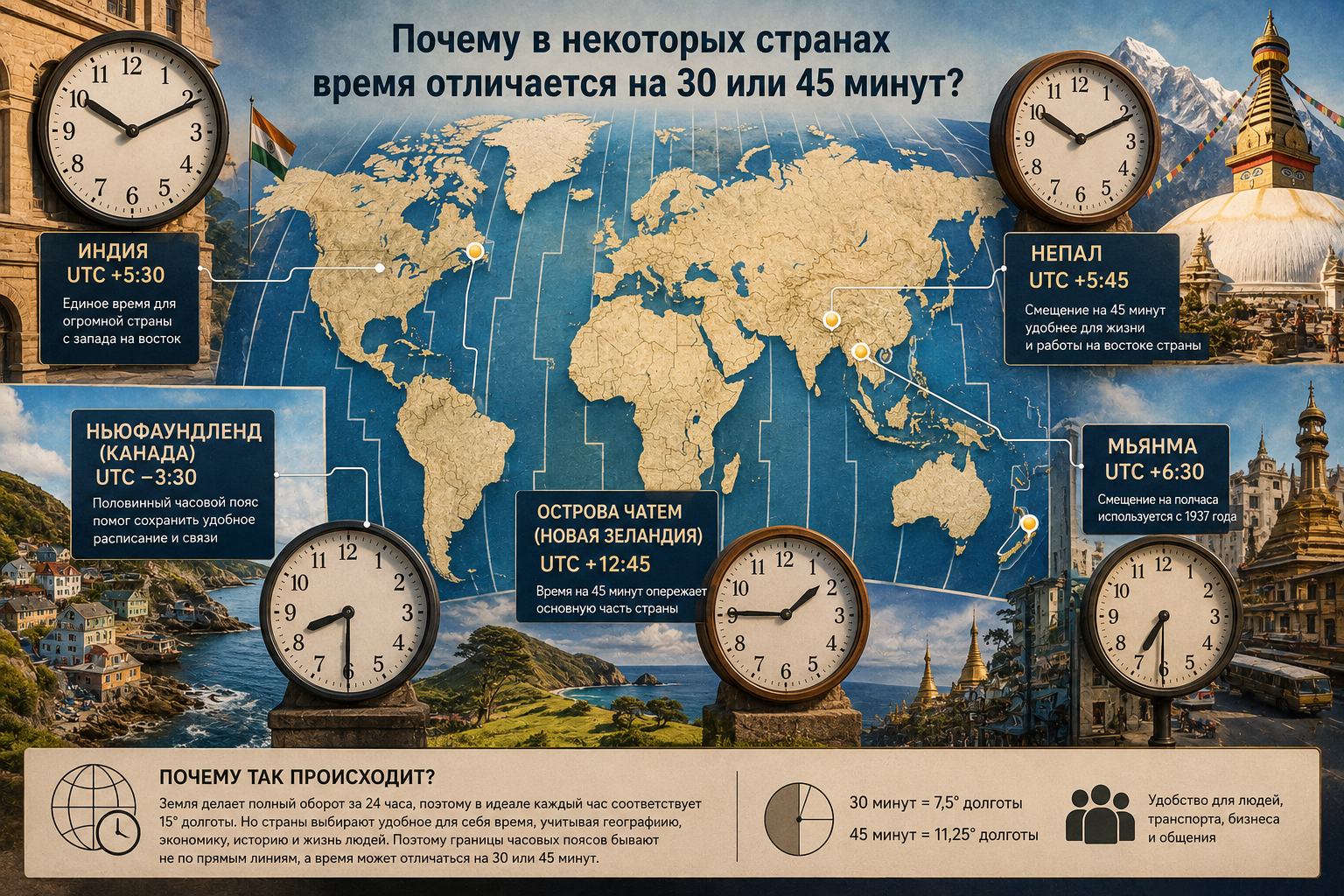 Глобус с несколькими часовыми поясами разной ширины, включая зоны со смещением на половину и четверть часа