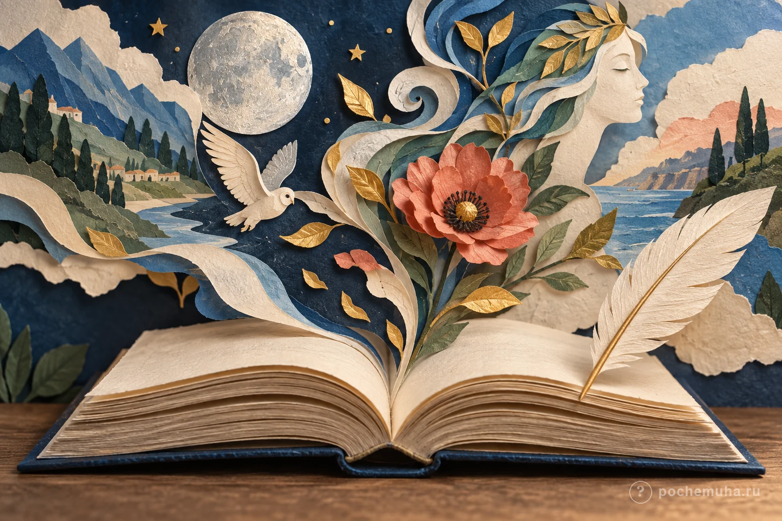 Бумажная диорама с раскрытой книгой, пером, цветком и луной как образы эпитета