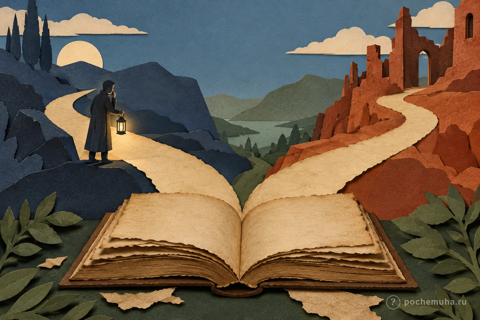Бумажная развилка дорог и открытая книга с фигурой, несущей фонарь